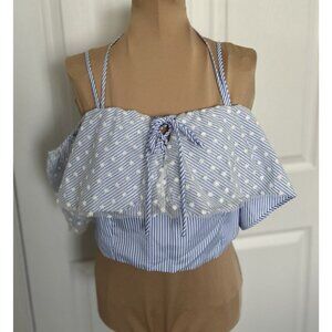 Do & Be Blue & White Stripe Off The Shoulder Crop Halter Top Size L
